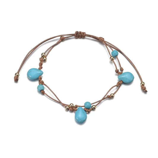 Ankle Bracelet - Leather Rope with Turquoise Beads