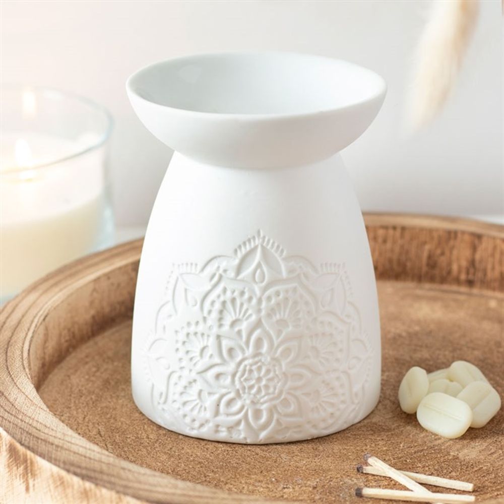 Oil and Wax Burner - White Ceramic Mandala